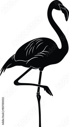 Flamingo silhouette standing on one leg, elegant bird pose, minimalist black shape, tropical wildlife icon, graceful animal illustration, white background