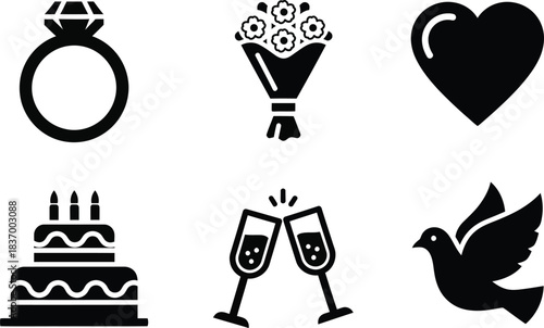 Collection of icons representing wedding, celebration, and love symbols including a ring, bouquet, heart, cake, champagne glasses, and a dove