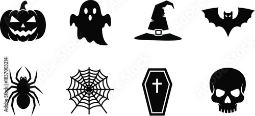 Halloween icons set of scary symbols pumpkin, ghost, witch hat, bat, spider, web, coffin and skull on white background