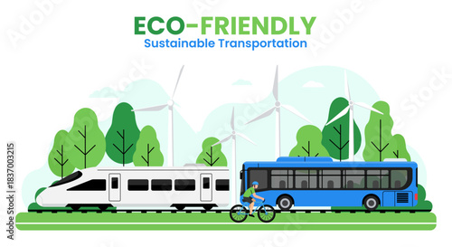 Eco-Friendly Sustainable Transportation Vector Illustration. Green Public Transit Concept with Electric Train, Blue City Bus, Cyclist, and Wind Turbines in Nature Landscape for Renewable Energy Banner