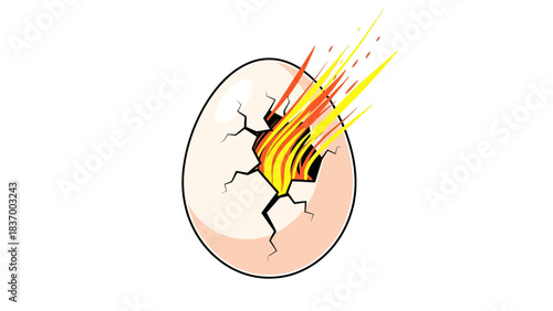 An egg cracks open with flames and yellow orange and red streaks bursting out