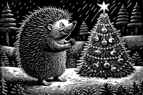 tiny hedgehog stands happily next to a mini decorated Christmas tree in a snowy field, creating a sweet holiday scene