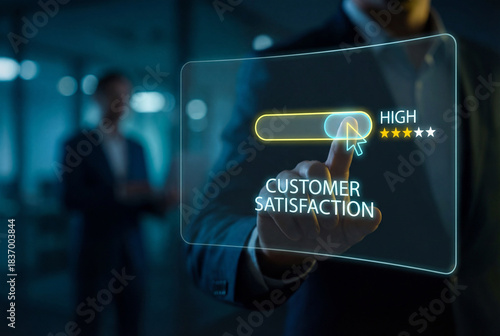 Customer Satisfaction high rating, business feedback on digital screen, quality service