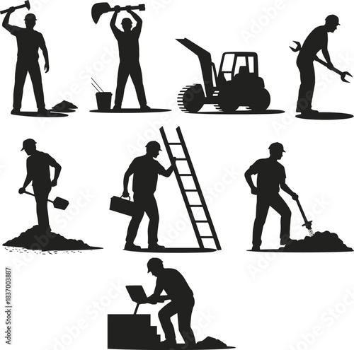 Construction worker silhouettes with tools, shovel, ladder, machinery, repair, digging, building, engineering, industry, teamwork, site labor, cad drawing flat vector illustration