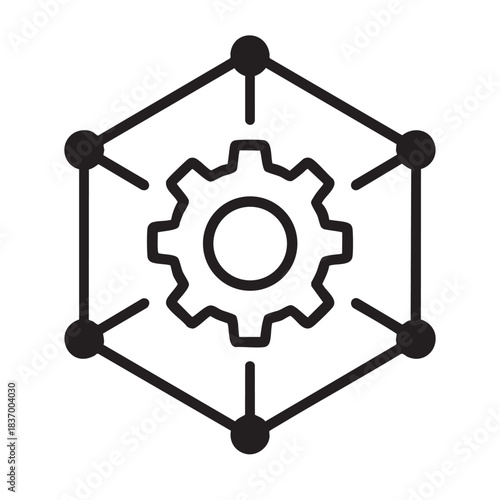 Network settings icon with interconnected nodes and a gear representing system configuration
