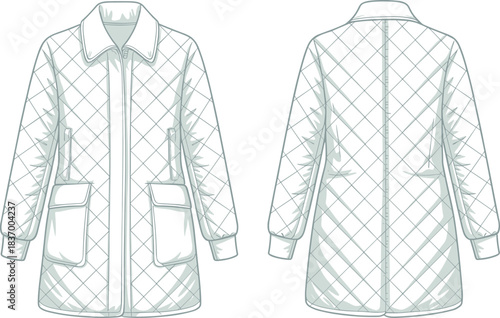 Quilted long jacket technical fashion flat with diamond stitching, front zipper, flap pockets, cuffed sleeves, and detailed vector illustration
