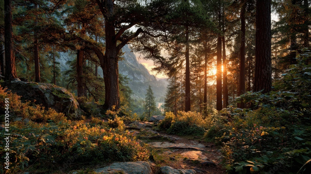 Fototapeta premium Sunlight shines through the trees of a dense forest near Yosemite. A mountain trail winds through the trees, where light gives a warm glow to the landscape