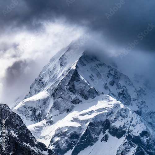 High-detail photo of a dramatic snowy mountain peak with storm clouds, 70mm lens, strong contrast, photorealistic textures.