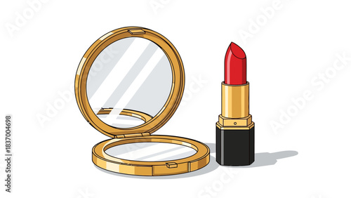 An open gold compact mirror and a red lipstick