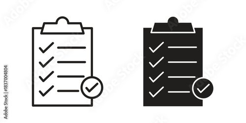 Clipboard check icons in black glyph and liner versions for design.