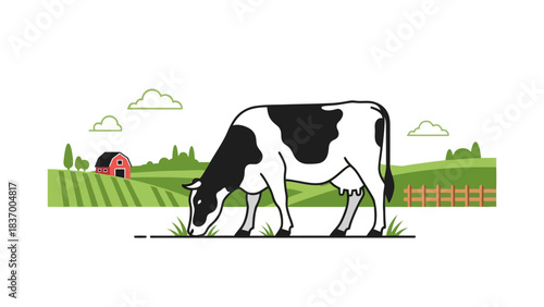 Black and white cow grazing in a green field with a red barn