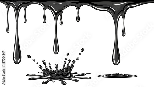 Black liquid dripping from a horizontal line forming drops and splashes