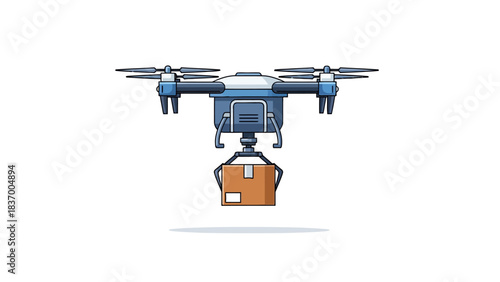 Blue drone delivering a brown package via a gripper