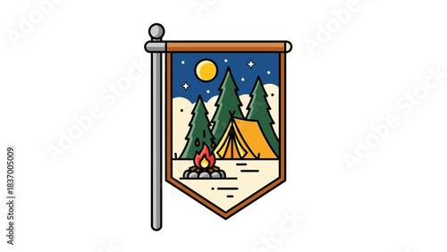 Camping scene on a pennant flag with a campfire tent and trees
