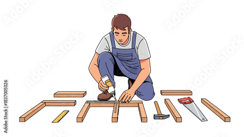 Carpenter applying glue to wooden frames with tools nearby