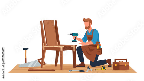Carpenter assembling wooden chair with power drill and tools