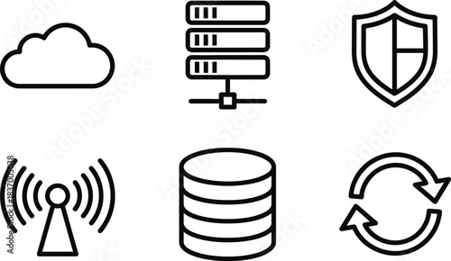 A collection of cloud computing and data security icons, including cloud, server, shield, Wi-Fi, database, and refresh symbols for digital concepts