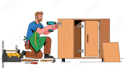 Carpenter assembling a cabinet with a cordless drill and tools