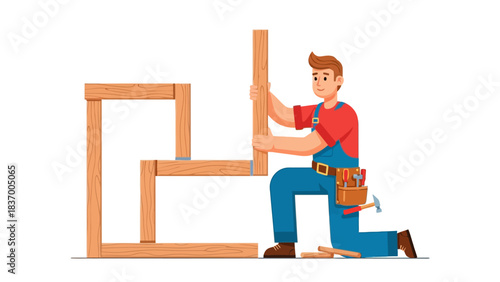 Carpenter assembling wooden structure with tools