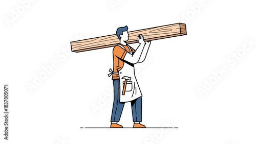 Carpenter carrying a wooden beam on his shoulder