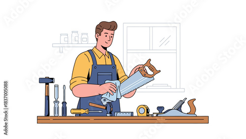 Carpenter cleaning a hand saw on a workbench with tools