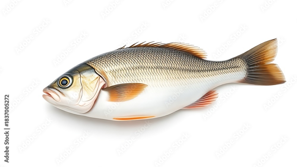 Fototapeta premium seabass. A single, fresh sea bass presented on a clean white background. menu design, packaging mockups, designed for culinary blogs and recipe cards for restaurants, used by clinicians.