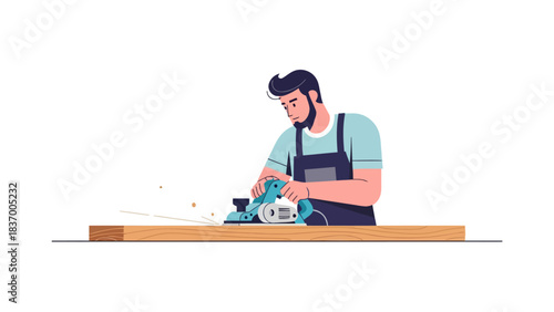 Carpenter planing a wooden plank with an electric planer