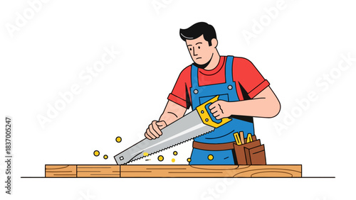 Carpenter sawing a piece of wood with sawdust flying