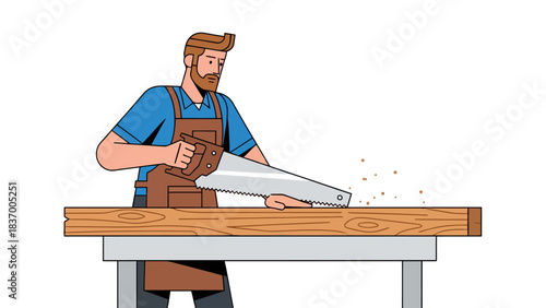 Carpenter sawing a wooden plank on a workbench