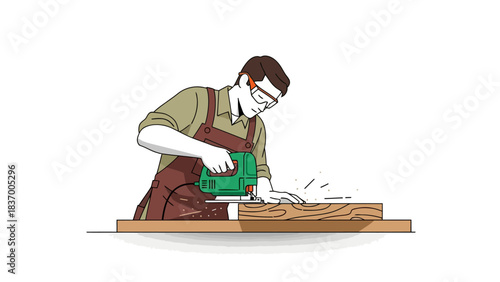 Carpenter using a jigsaw on a piece of wood