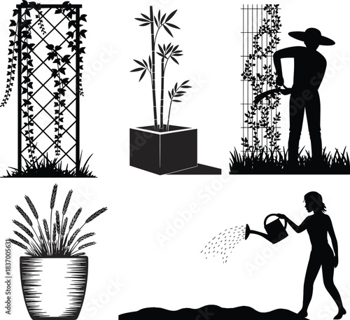 Gardening silhouette set, people watering plants, garden tools, potted plants illustration, nature care design, cad drawing flat vector illustration