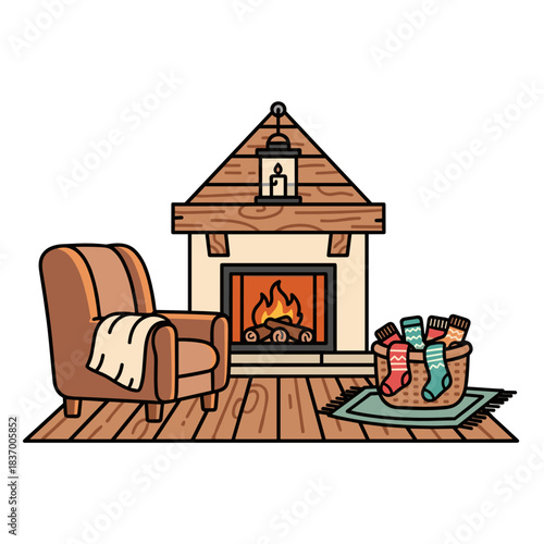 Cozy cabin interior with socks and fireplace in warm colors  
