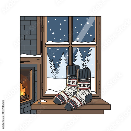 Cozy socks on windowsill by fireplace with snowy landscape outside  