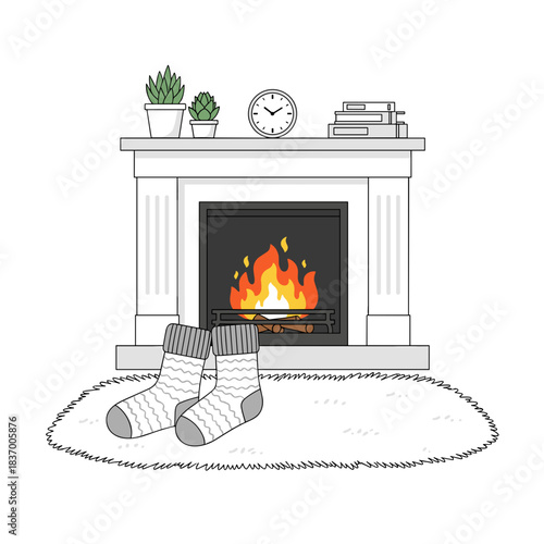 Cozy socks on rug in front of fireplace with mantel decorations  