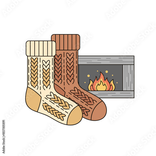 Cozy socks by a flickering fireplace in a warm setting  