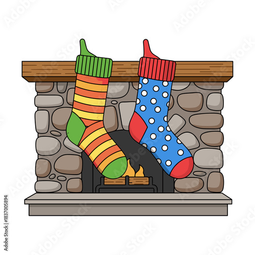 Cozy mismatched socks hanging by stone fireplace in festive style  