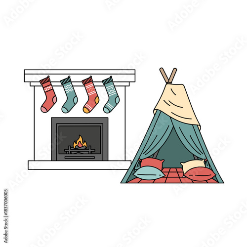 Cozy socks hanging by fireplace next to blanket fort scene  