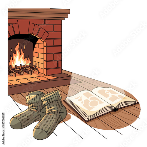 Cozy socks laid on wooden floor beside open book near fireplace  