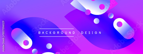 Vibrant purple background features flowing shapes, gradients, circles. Modern design elements create dynamic visual appeal.