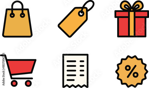 Set of six shopping and retail icons including a gift box, shopping bag, tag, cart, receipt, and discount symbol
