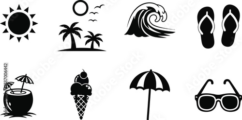 A versatile vector set of summer vacation and beach holiday icons, perfect for travel themes, sunny adventures, and tropical getaway designs and leisure concepts