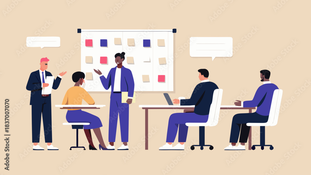 Obraz premium Illustration of a diverse group of people in a meeting room with a presentation board and speech bubbles