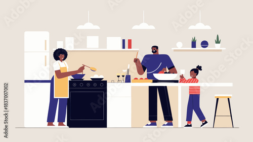 Illustration of a family cooking together in a modern kitchen with white appliances and minimalist decor