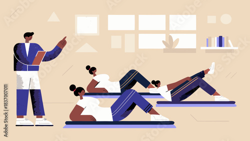 Instructor guiding women in a pilates class with mats in a bright room with a window and bookshelf