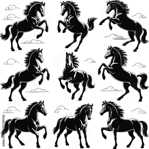 Horse silhouette set, wild stallion poses, running horses, rearing horse illustration, clouds background, cad drawing flat vector illustration