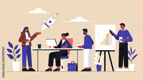 Illustration of a business team working on a startup project with a rocket launching in the background