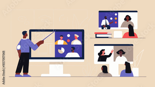 Illustration of a man presenting to people on screens in a virtual meeting environment setup online meeting