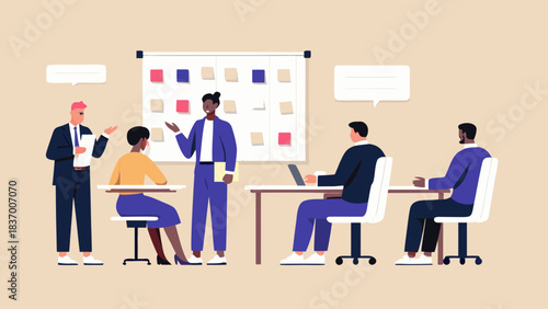Illustration of a diverse group of people in a meeting room with a presentation board and speech bubbles