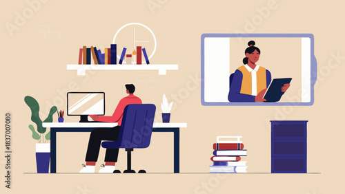 Illustration of a man working at a desk with a computer and a woman on a screen during a video call