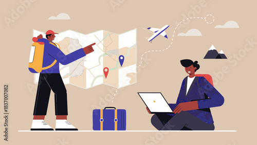 Illustration of two people planning a trip with a map airplane and laptop in a beige background